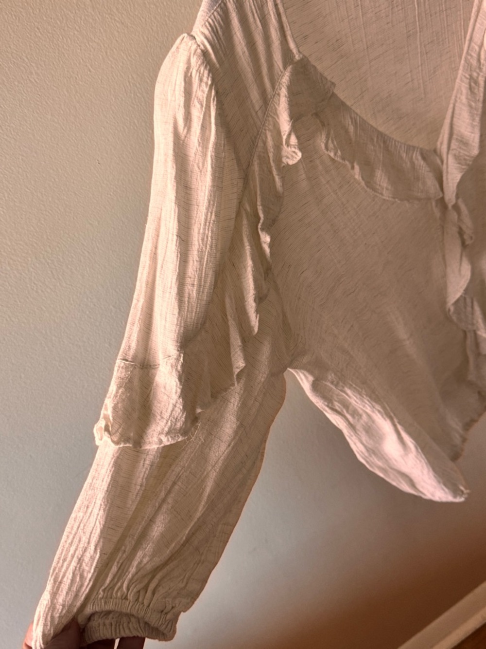 Max Studio Cream Ruffle-Trim V-Neck Blouse - Picture 3 of 4